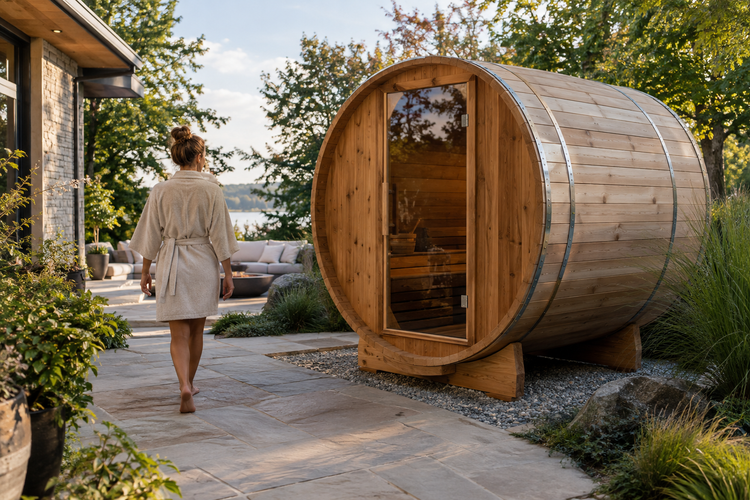 Barrel sauna in a landscaped backyard