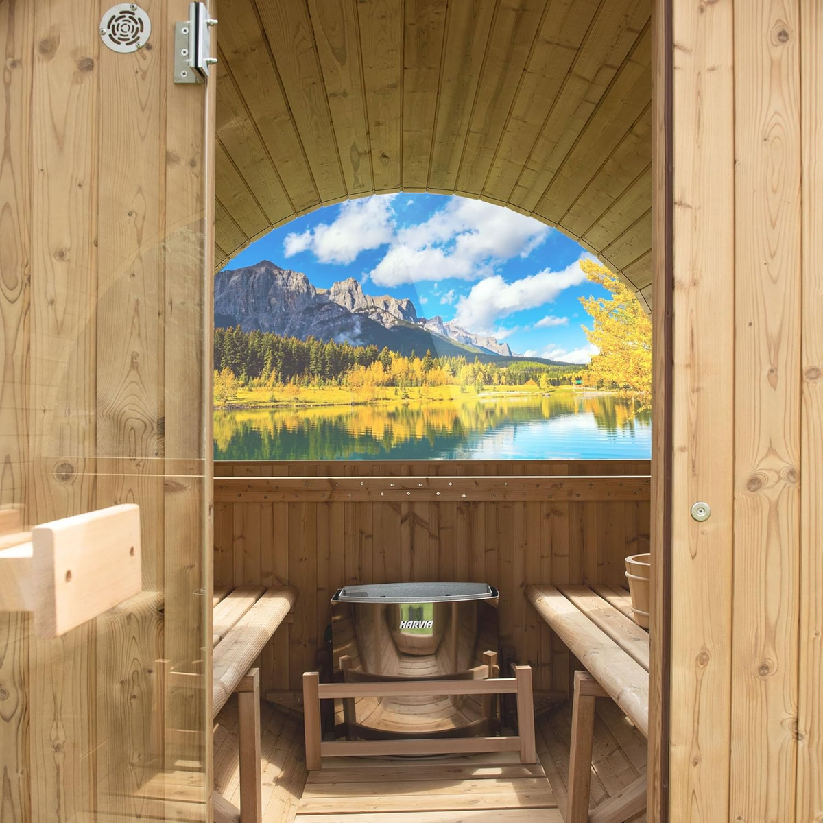 2-Person Luxury Finland Thermo Pine Outdoor Barrel Sauna with Half View Window, Harvia Electric Heater, Sauna Accessories Kit and Asphalt Shingle Roof, 4'X6'