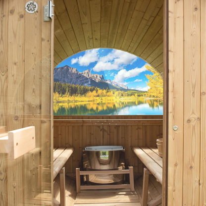 2-Person Luxury Finland Thermo Pine Outdoor Barrel Sauna with Half View Window, Harvia Electric Heater, Sauna Accessories Kit and Asphalt Shingle Roof, 4'X6'