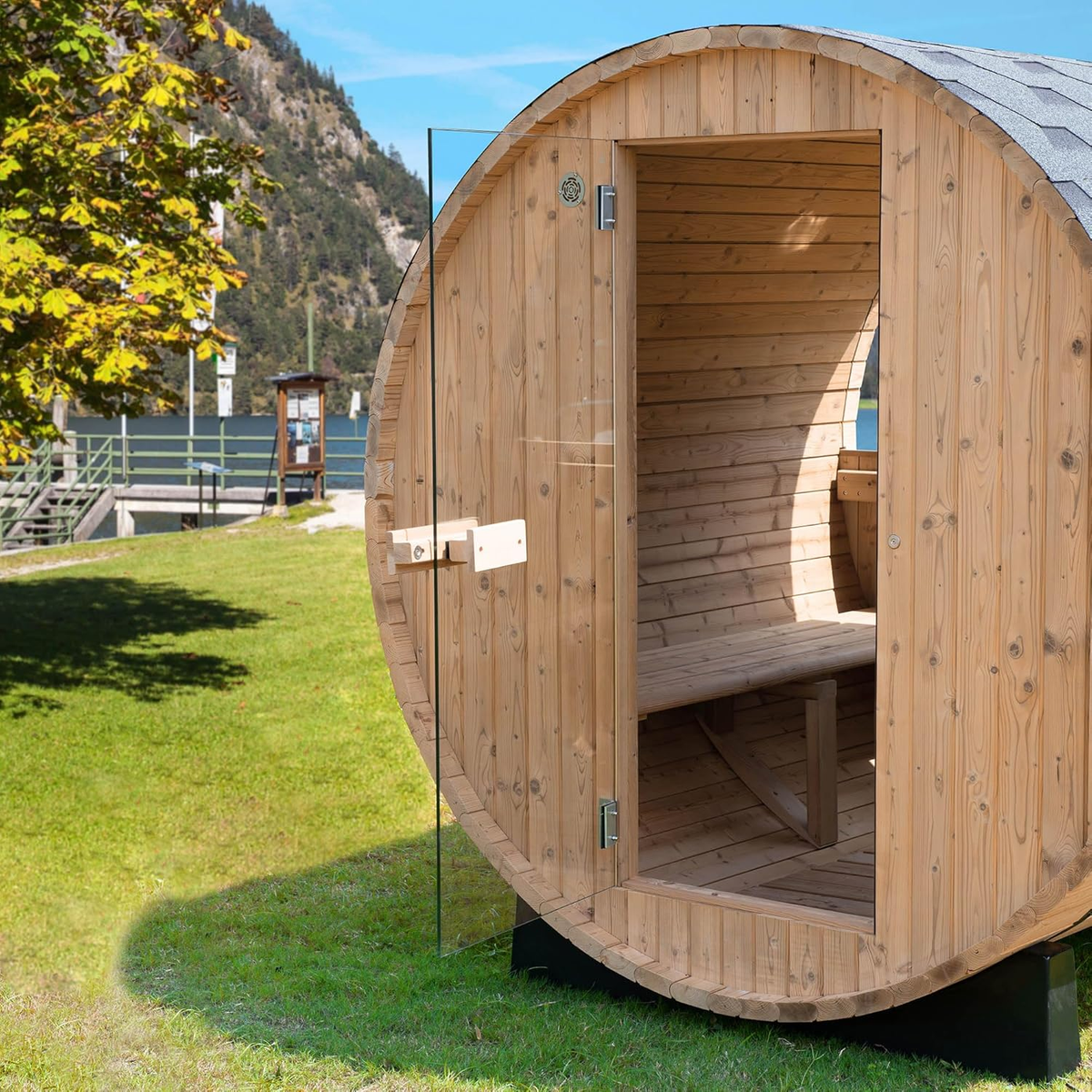 2-Person Luxury Finland Thermo Pine Outdoor Barrel Sauna with Half View Window, Harvia Electric Heater, Sauna Accessories Kit and Asphalt Shingle Roof, 4'X6'