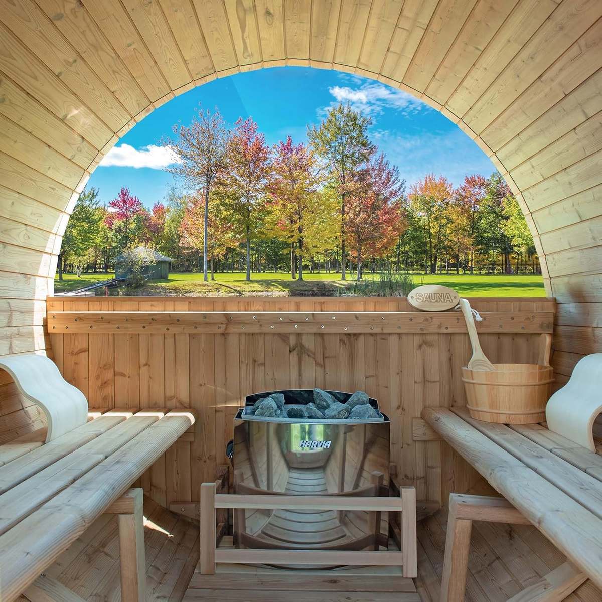 2-Person Luxury Finland Thermo Pine Outdoor Barrel Sauna with Half View Window, Harvia Electric Heater, Sauna Accessories Kit and Asphalt Shingle Roof, 4'X6'