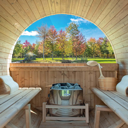 2-Person Luxury Finland Thermo Pine Outdoor Barrel Sauna with Half View Window, Harvia Electric Heater, Sauna Accessories Kit and Asphalt Shingle Roof, 4'X6'