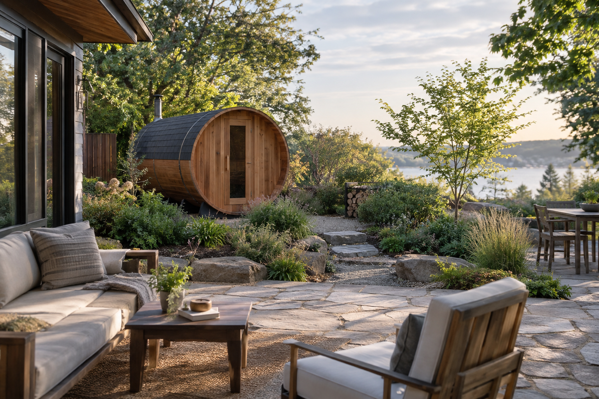 Quiet backyard wellness setting with a barrel sauna